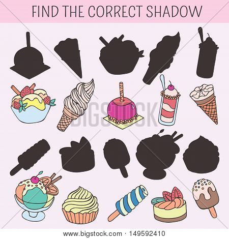 Find the correct shadow. Educational game for children. Cartoon cakes, cupcakes, desserts, sweets, ice cream