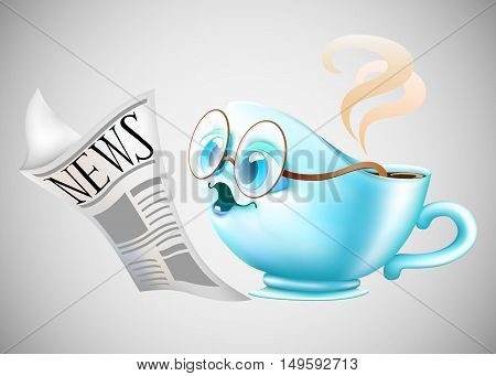 cartoon coffee cup character reading a newspaper