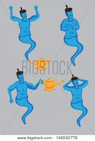 Set of four vector cartoon illustrations of fantasy character genie from golden magical lamp isolated on plain grey background.