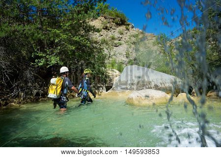 Canyoning in Lucas Canyon, Tena Valley, Pyrenees, Huesca Province, Aragon, Spain.