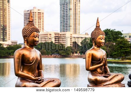 Buddhist sculptures at Seema Malaka temple on Beira Lake. Colombo, Sri Lanka