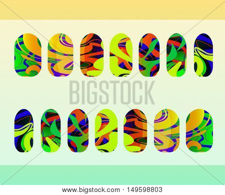 nail art, color templates, glowing lines and Shine of the stars, bright flashes in the night sky. Design manicure set. Can be used for false nails for everyday life, weddings, festivals, parties. EPS 10