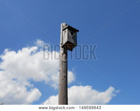 Wooden bird box, blue sky with clouds