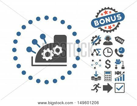 Cash Register pictograph with bonus icon set. Glyph illustration style is flat iconic bicolor symbols, cobalt and gray colors, white background.