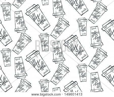 Take out or takeaway coffee seamless pattern. Drink and latte cappuccino beverage refreshment breakfast espresso and caffeine container cardboard vector illustration.Black and white.