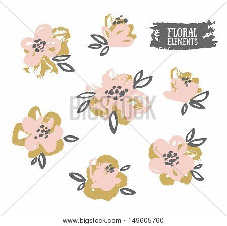 Set of vector stylish grunge pink and gold flowers painted dry ink brush.
