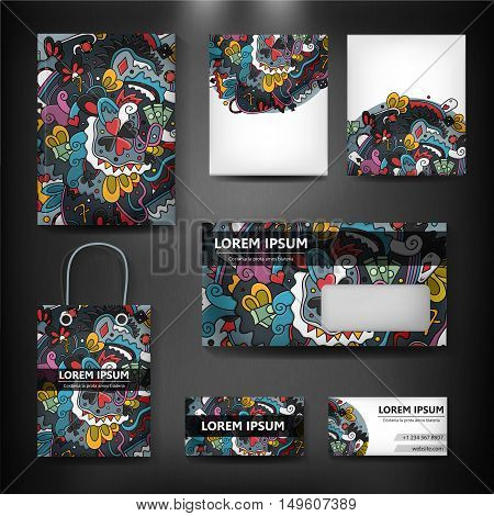 Vector hand drawn doodle art template of casino, poker and luck for cover design, business card, envelope, letterhead, brochure and book. Realistic corporate identity brand mock up in cartoon design.