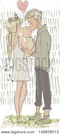 cute vector cartoon couple with cute newborn