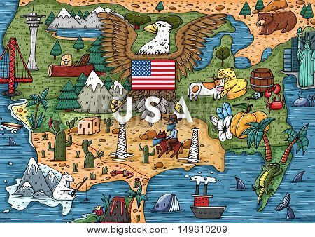 Funny Hand drawn Cartoon USA map with most popular places of interest. Vector illustration