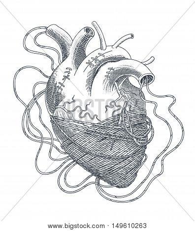 Stylized illustration of heart tangled in threads. Vector