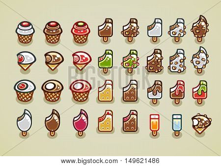Big set of different colorful bitten ice creams