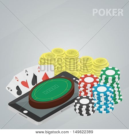 Vector isometric banner of poker for website and infographic. Business concept of casino and gambling. Poster of game of chances. Set of coins, chips and cards.