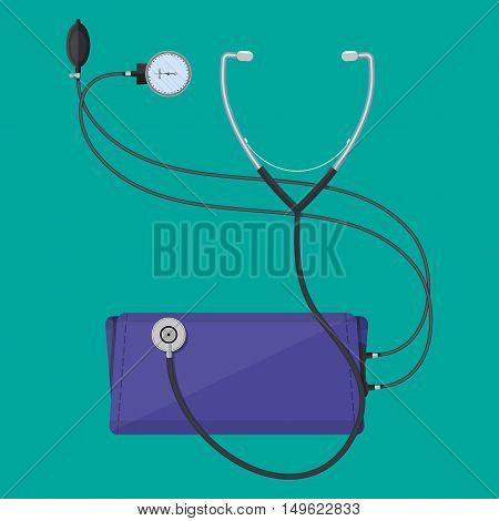 blood pressure measuring classic monometer and phonendoscope. vector illustration in flat style