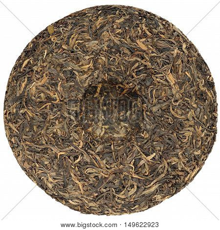 Chinese raw puerh tea with stone impress overhead view isolated
