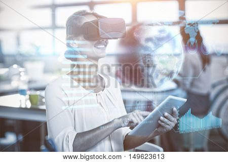 Earth globe against cheerful woman with virtual reality simulator