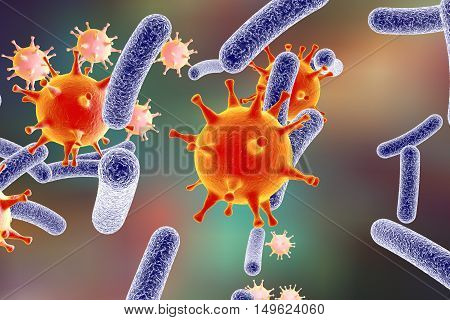 Bacteria and viruses on colorful background, 3D illustration