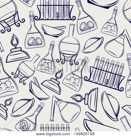 Hand drawn science lab equipment seamless pattern in ball pen imitation. Vector illustration