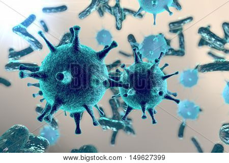 Bacteria and viruses on colorful background, 3D illustration
