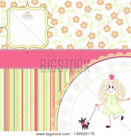 Princess with her dog on background with stripes and flowers