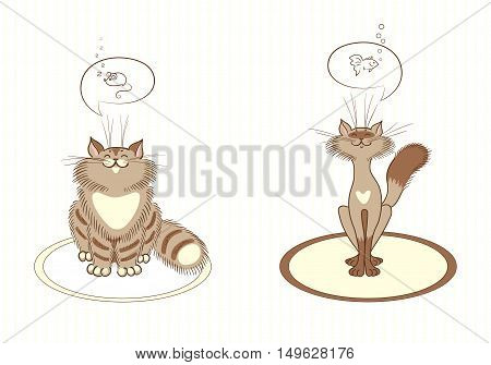 Two cats illustration. Cats dream about delicious food. Vector with warm colors