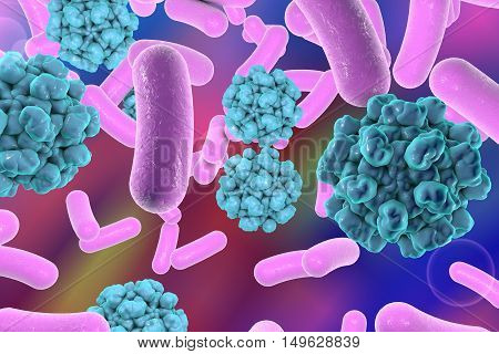 Bacteria and viruses on colorful background, 3D illustration