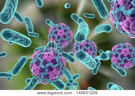 Bacteria and viruses on colorful background, 3D illustration