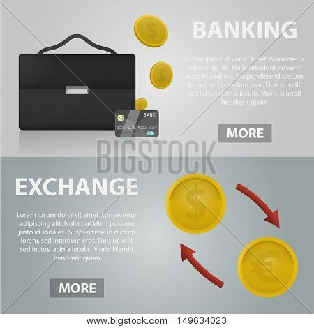 Vector realistic banners of banking and exchange for website. Business concept of economy, marketing and finance. Set of economy elements.