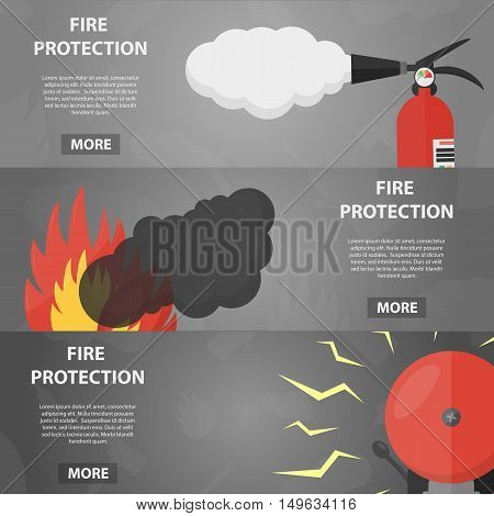 Vector flat banners of fire protection for website. Business concept of fire safety and firefighting.