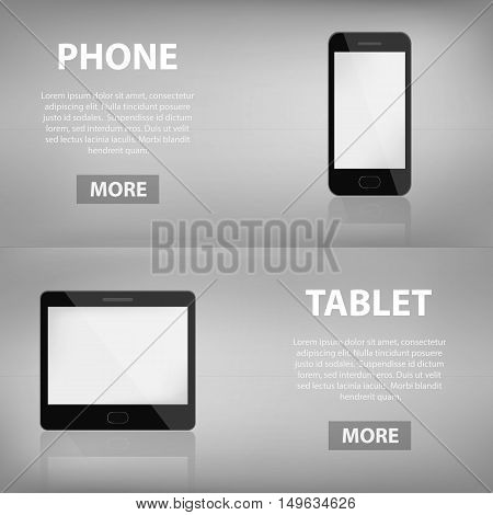 Vector realistic banners of phone and tablet for websites. Business concept of computer store, marketing and electronic sale.