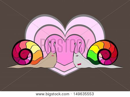 Two snail's. Big hearts on grey background. Love. Valentine greeting card.