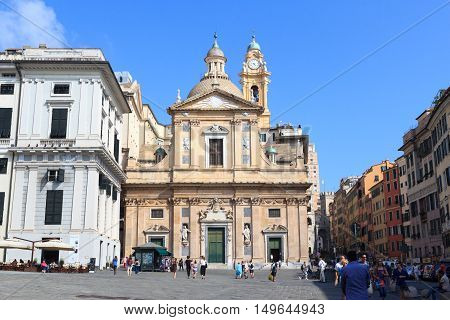 Genoa, Italy - June 26, 2016: Church Chiesa del Gesu. The church was built at the end of the 16th century. It is located at the square Piazza Matteotti in the center of Genoa.