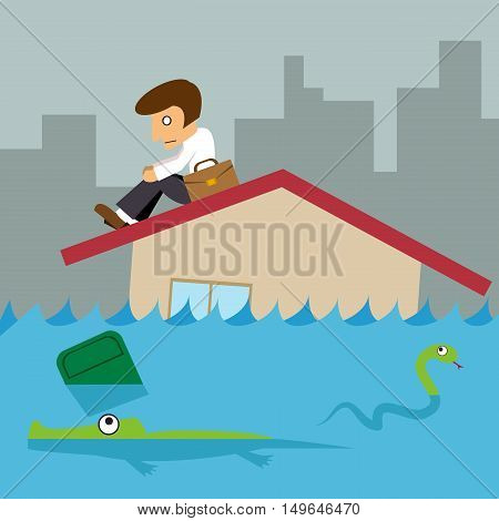 Business man on roof house Flood city background