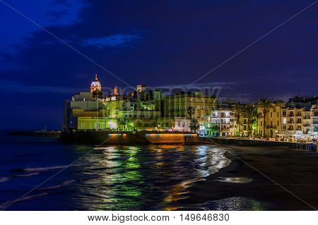 Sitges, Spain - June 10: Illuminated Sea Shore And Buildings On June 6, 2016 In Sitges, Spain. This