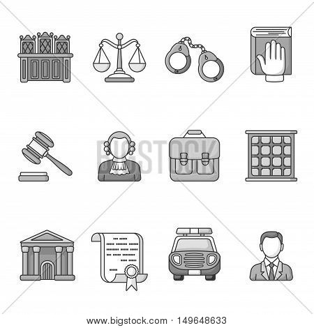 Set of law and justice icons. Black and White outlined icon collection. Judicial system concept. The judge, lawyer, scales, handcuffs, gavel, briefcase, court document, police car, prison grill.Vector