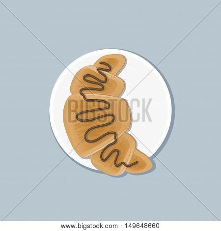 Ruddy croissant with chocolate topping on a white plate. Vector illustration isolated on a gray background.