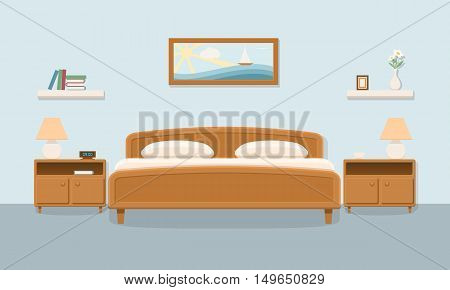 Bedroom interior. Double bedroom. Family bedroom for a couple with furniture. Flat vector illustration with shadow.
