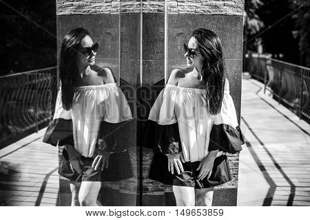 Young Ptretty Brunette Girl Outdoor Near Building