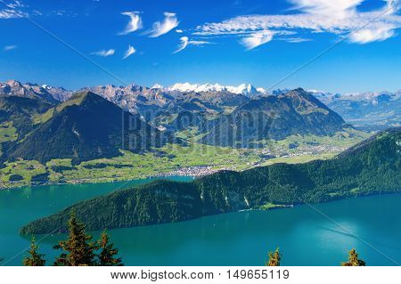 Beautiful View To Lucerne Lake (vierwaldstattersee ) And Mountain Pilatus From Rigi, Swiss Alps, Cen