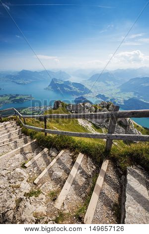 Beautiful View To Lucerne Lake (vierwaldstattersee), Mountain Rigi And Bürgerstock From Pilatus, Swi