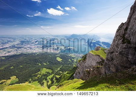 Beautiful View To Lucerne Lake (vierwaldstattersee), Mountain Rigi And Buergerstock From Pilatus, Sw