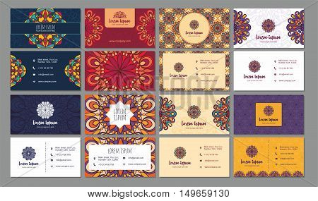visiting card and business card big set. Floral mandala pattern and ornaments. Oriental design Layout ottoman motifs. Front page and back page.