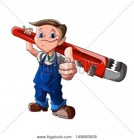 Colorful vector illustration of a cartoon cute plumber boy with a huge wrench on his shoulder blue jumpsuit and white shirt