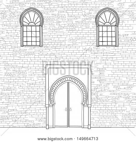 Door way background in muslem style. Front door oriental house facade. Ancient arabic building facade. Vintage islamic architectural background