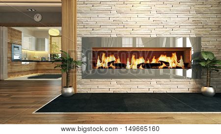 living room with fireplace 3D rendering and design for your project