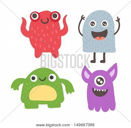 Cute monster color character funny design element. Humour emoticon fantasy monsters unique expression sticker isolated. Alien sticker vector fantasy monsters paint crazy animals.