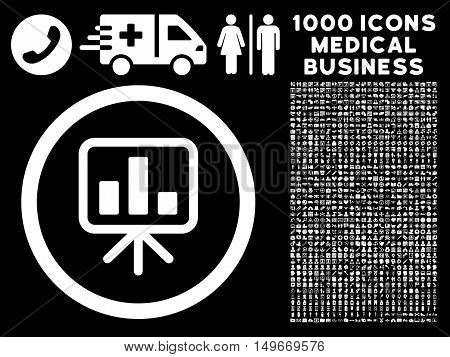 White Slideshow Screen glyph rounded icon. Image style is a flat icon symbol inside a circle black background. Bonus clipart is 1000 medicine business pictograms.