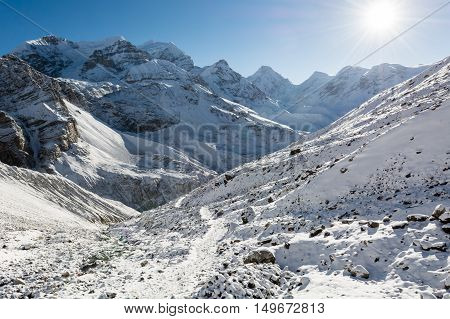 Snow covered mountain panorama. Thorong La pass at 5416m in Nepal.
