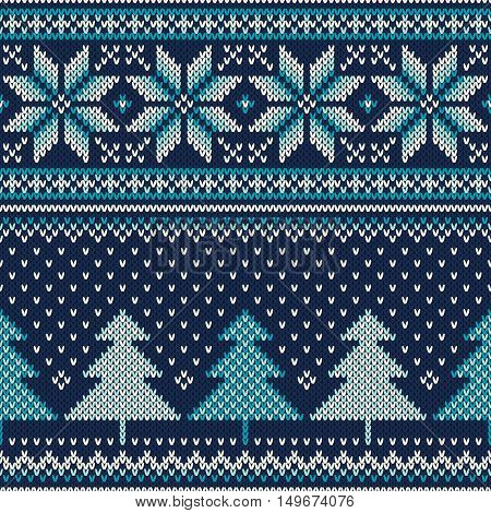 Winter Holiday Seamless Knitting Pattern with a Christmas Tree. Vector Knitted Wool Texture