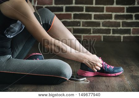 Sit Down Tie Sneakers Shoestring Listening To Music, Fitness Exercise