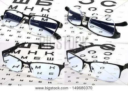 Various eyesight test charts and glasses set